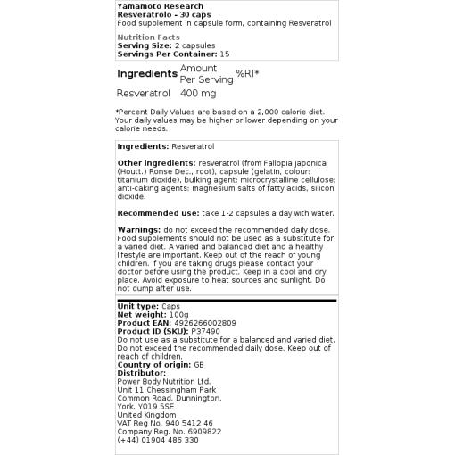 Yamamoto Research - Resveratrol, 30 kapslar - Bild 2