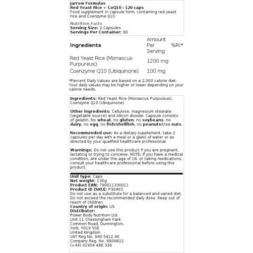 Jarrow Formulas - Rött Jästris + CoQ10, 120 kapslar - Bild 2