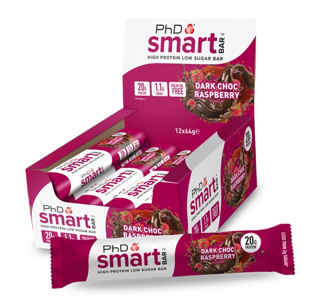PhD - Smart Bar, Mörk Choklad Hallon, 12 x 64g | Veganska produkterHälsokostProteinerProteinbarsFitness och träning | Apoteka