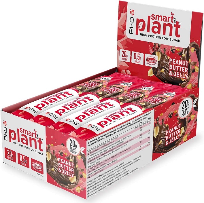 PhD - Smart Bar Plant Peanut Butter &amp; Jelly, 12 x 64g | HälsokostProteinerProteinbarsVäxtproteinerFitness och träning | Apoteka