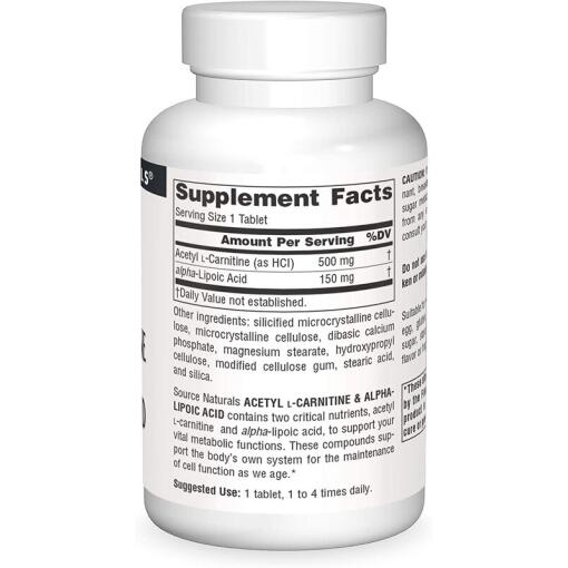 Source Naturals - Acetyl-L-Carnitine & Alpha-Lipoic Acid, 650 mg, 60 vegetabiliska tabletter - Bild 3