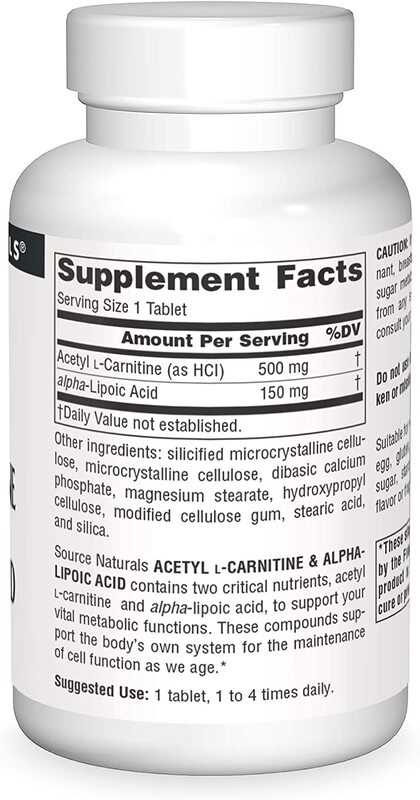 Source Naturals - Acetyl-L-Carnitine & Alpha-Lipoic Acid, 650 mg, 60 vegetabiliska tabletter - Bild 3
