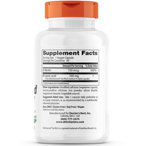 Doctor's Best - Stabiliserad R-Liponsyra med Na-RALA, 100 mg - 60 vegkapslar - Bild 3