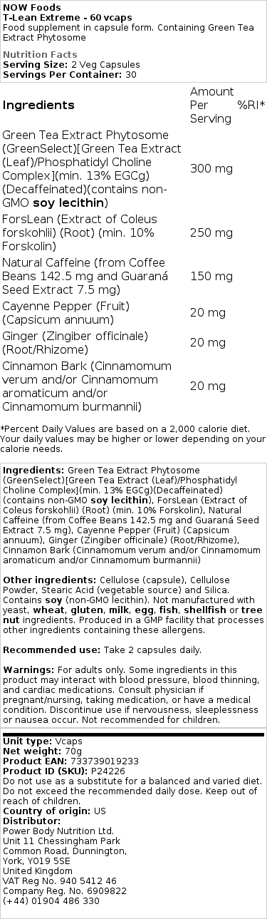 NOW Foods - T-Lean Extreme, 60 kapslar - Bild 2