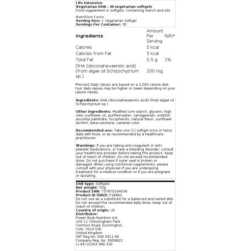 Life Extension - Vegetarisk DHA, 30 vegetariska kapslar - Bild 2