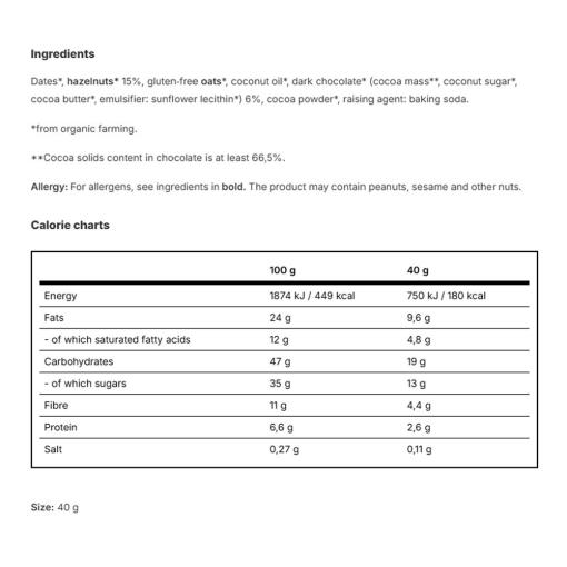 Vilgain - BIO Energy Cookie Choklad Hasselnöt, 40 g - Bild 2