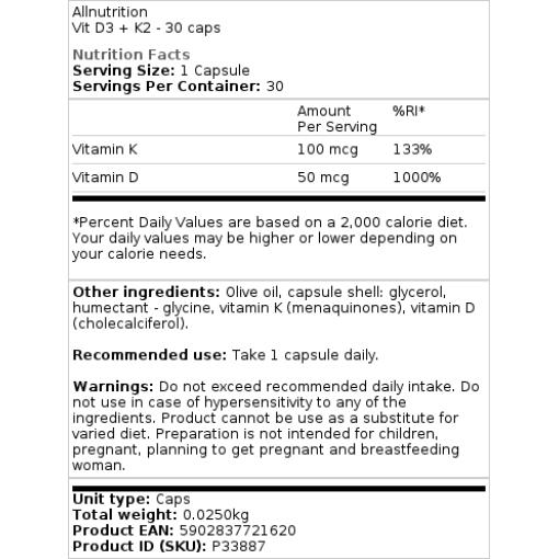 Allnutrition - Vit D3 + K2, 30 kapslar - Bild 2