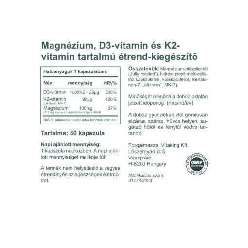 Vitaking - MagneTrio D3+K2+ Magnesiumbisglycinat, 80 kapslar - Bild 2