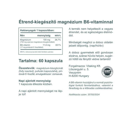 Vitaking - Magnesium Bisglycinat + Vitamin B6 (P5P), 60 kapslar - Bild 2