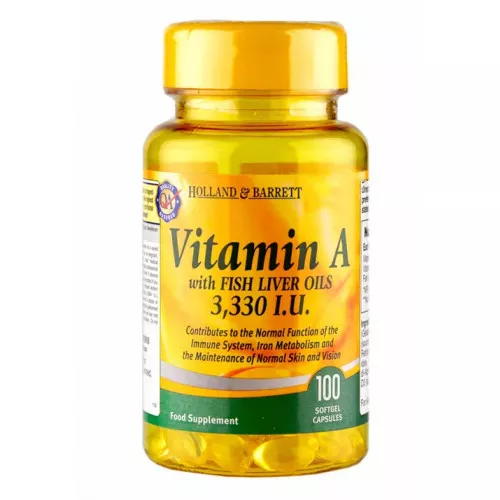 Holland &amp; Barrett - Vitamin A, 3300 IU, 100 mjukkapslar | Vitaminer och MineralerHälsa och välbefinnandeVissa vitaminerHälsokostA-vitamin | Apoteka