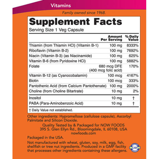NOW - Vitamin B-100, 250 kapslar - Bild 2