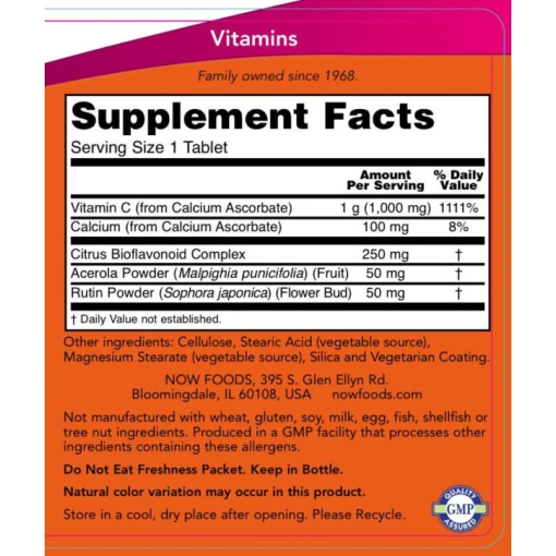 NOW - Vitamin C-1000 Complex, buffrad med 250 mg bioflavonoider, 180 tabletter - Bild 2