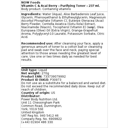 NOW Foods - Vitamin C & Acai Bär, Rensande Toner, 237 ml - Bild 2