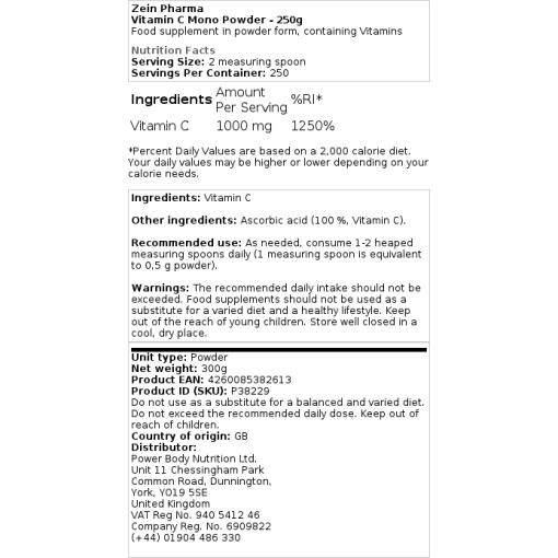 Zein Pharma - Vitamin C-monopulver, 250g - Bild 2