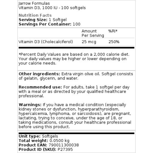 Jarrow Formulas - Vitamin D3, 1000 IE, 100 mjukkapslar - Bild 3