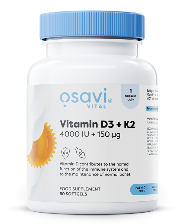 Osavi - Vitamin D3 + K2, 4000 IE + 150 mcg, 60 mjukkapslar | Vitaminer och MineralerHälsa och välbefinnandeD-vitaminK-vitaminHälsokost | Apoteka