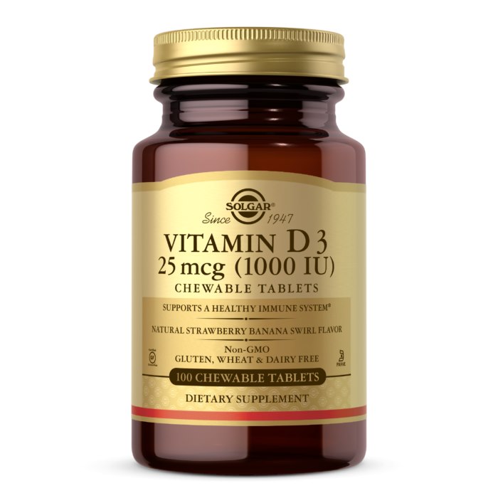 Solgar - Vitamin D3 Tuggtabletter, 25 mcg (smak av jordgubb och banan) - 100 tuggtabletter | Vitaminer och MineralerVissa vitaminerD-vitaminHälsokostD3 | Apoteka