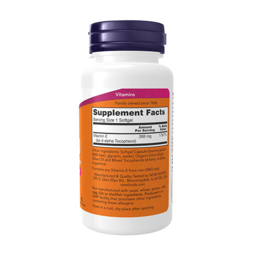 NOW - Vitamin E-400, Naturliga Blandade Tokoferoler, 100 mjukkapslar - Bild 2