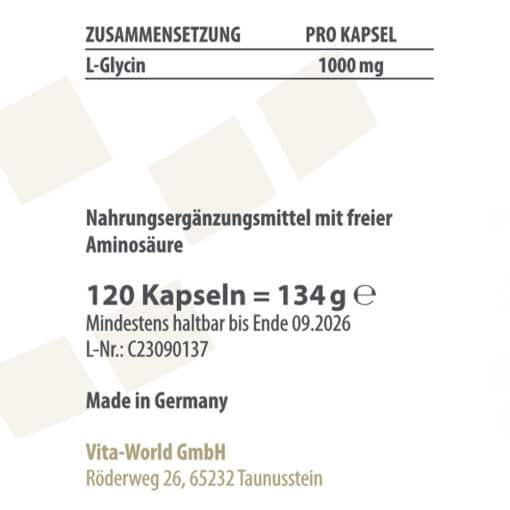 Vitaworld - L-glycin, 1000 mg, 120 kapslar - Bild 2