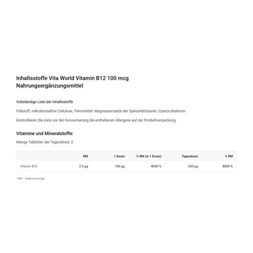 Vitaworld - Vitamin B12, 100 mcg, 180 kapslar - Bild 2