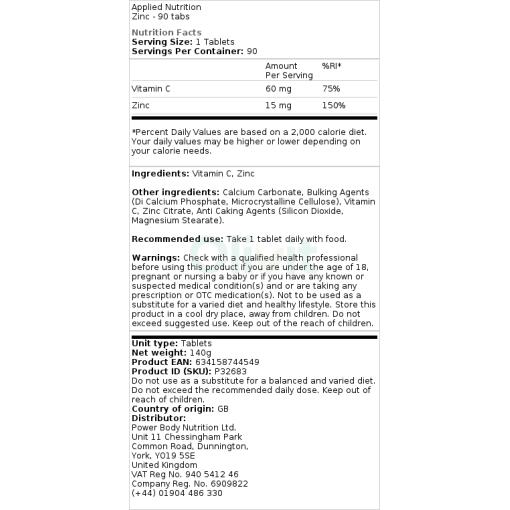 Applied Nutrition - Zink, 90 tabletter - Bild 2