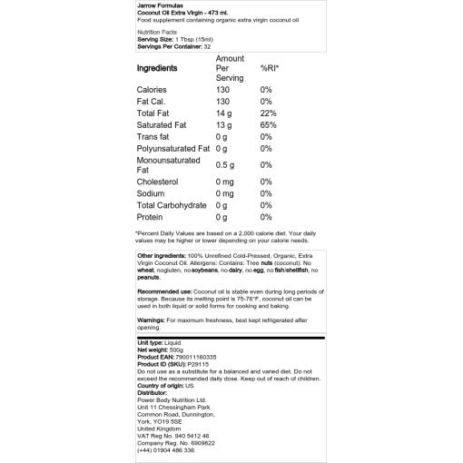 Jarrow Formulas - Extra Jungfru Kokosolja - Bild 2