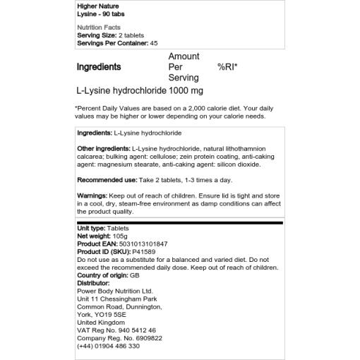 Higher Nature - Lysin, 90 tabletter - Bild 2