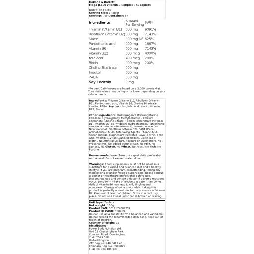 Holland & Barrett - Mega B-100 Vitamin B-komplex, 50 kapslar - Bild 2