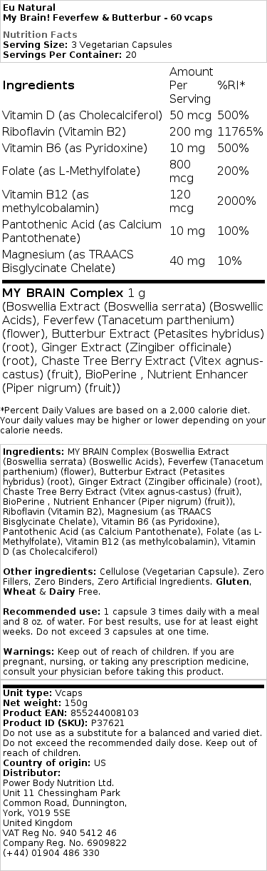 Eu Natural - My Brain! Feverfew & Butterbur, 60 vegetabiliska kapslar - Bild 2