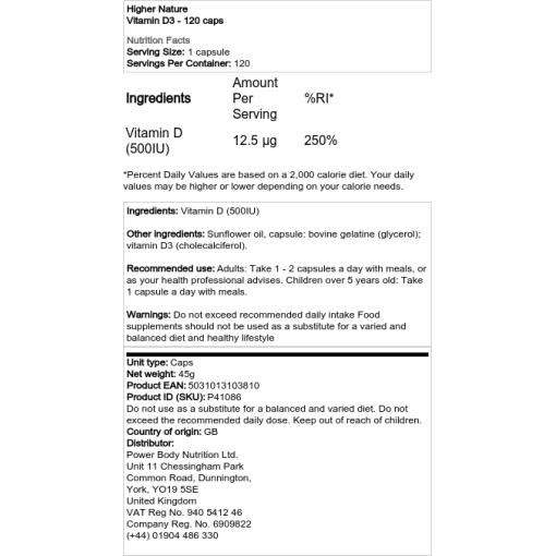 Higher Nature - Vitamin D3, 120 kapslar - Bild 2